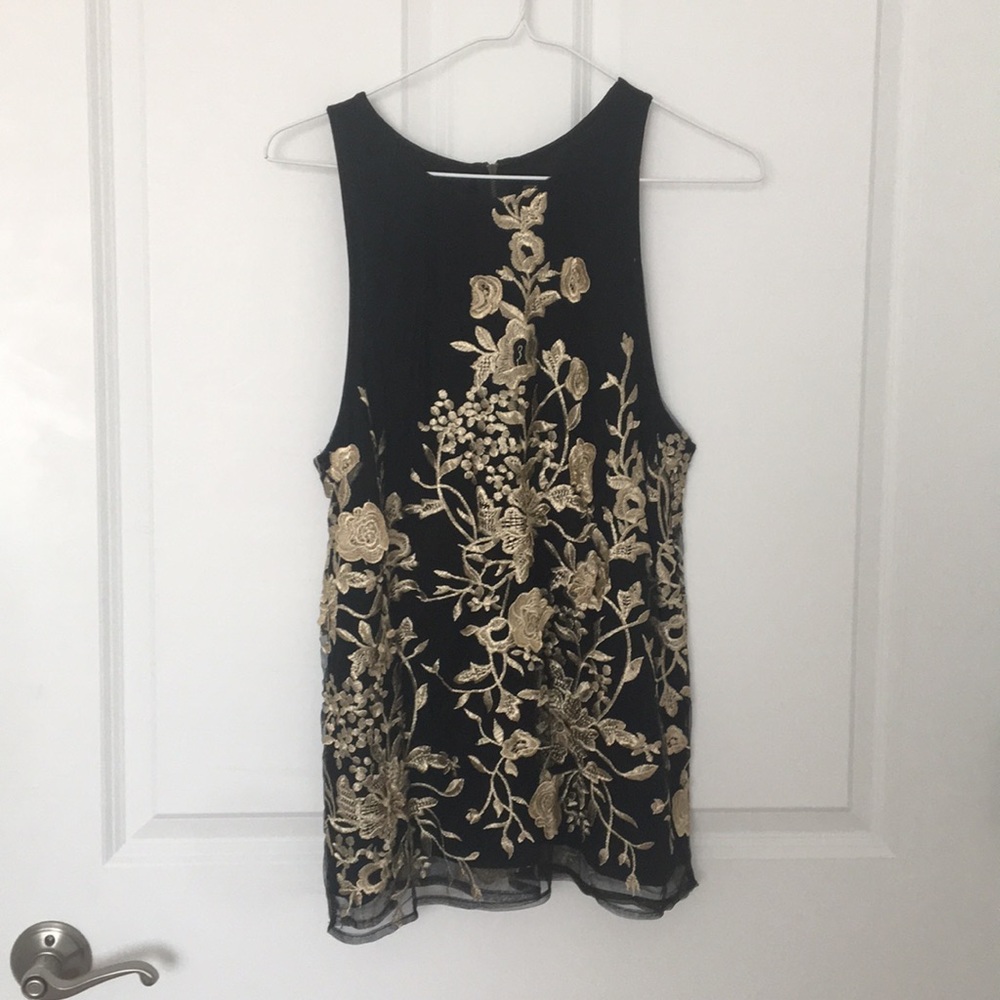 Anthropologie Sleeveless Shell Top Gold Embroidery